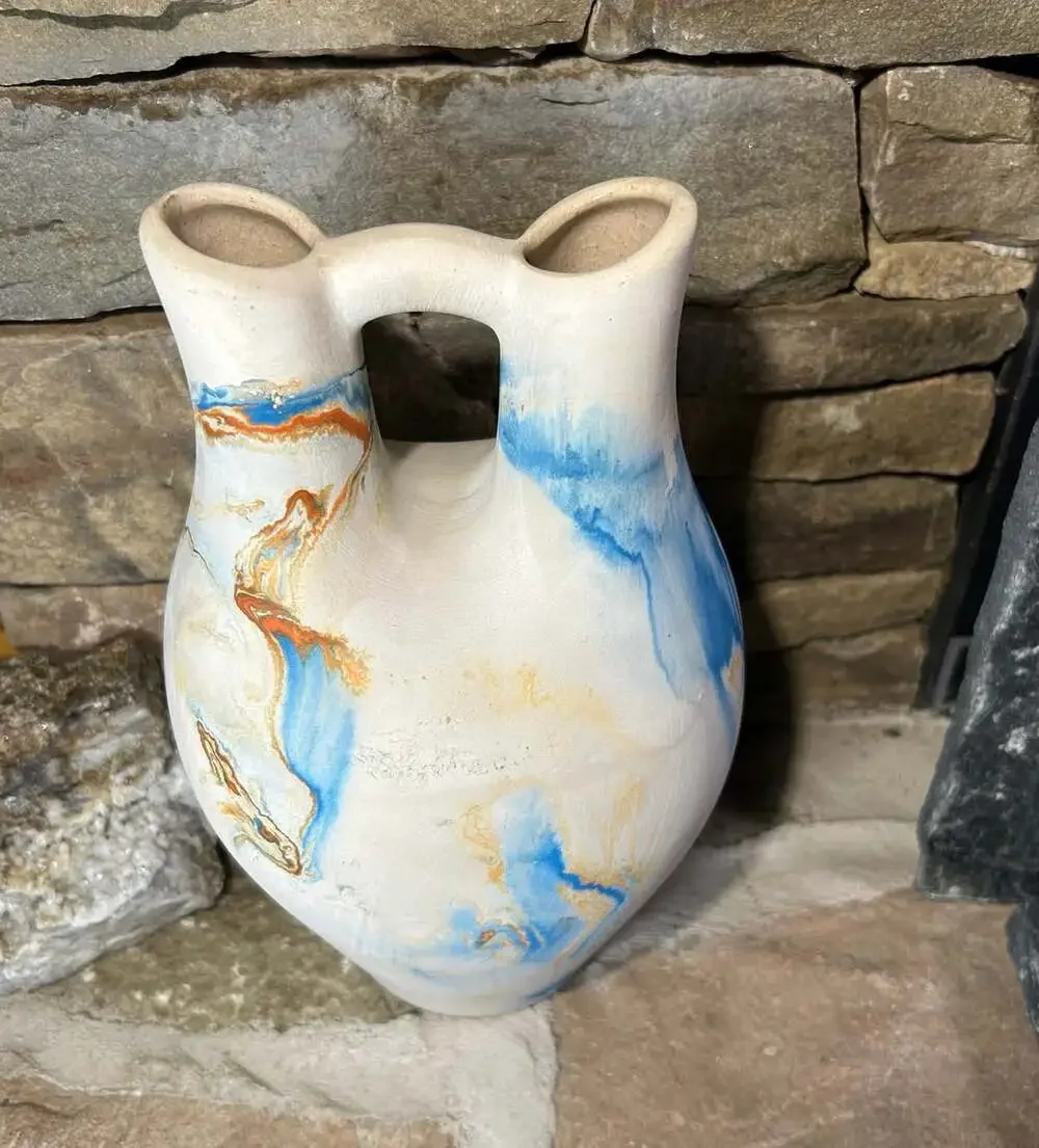 Vintage NEMADJI American Pottery Wedding Vase 11” Tall Blue Rust  made in USA
